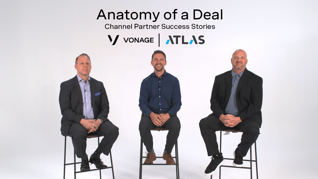 Image of three men sitting against a white backdrop for a video interview about Atlas Group and Vonage