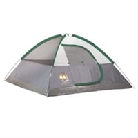 Grey 4 person dome tent with forest green trimming on the outside