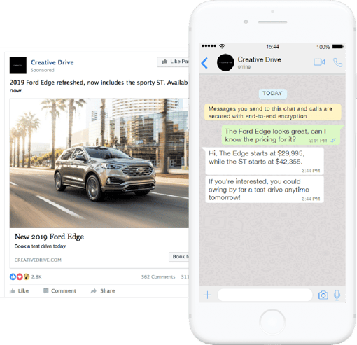 Image of an ad driving to a WhatsApp chat message on a mobile phone