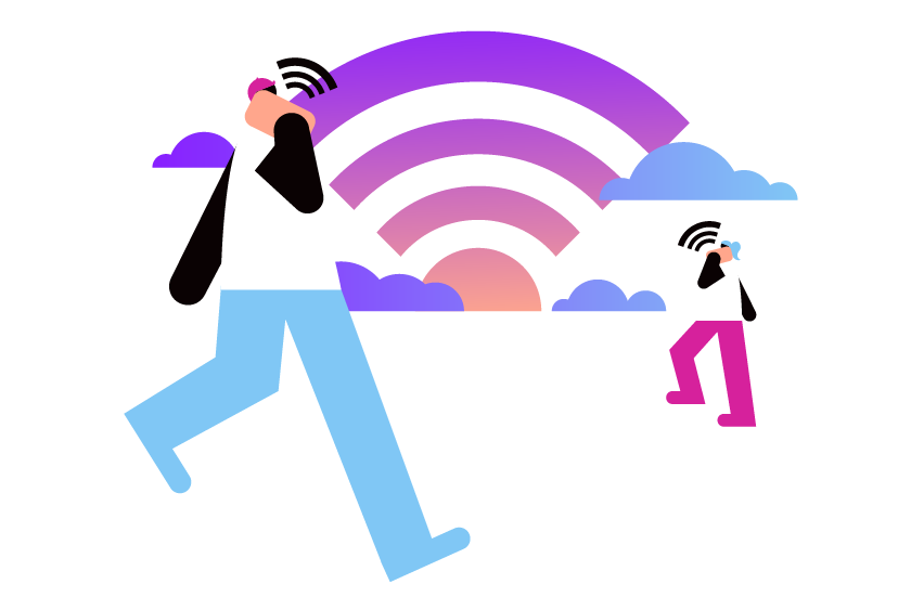 Illustration of two people walking outside, one in the foreground, one farther back, talking into cell phones. In the background are clouds and a sun.